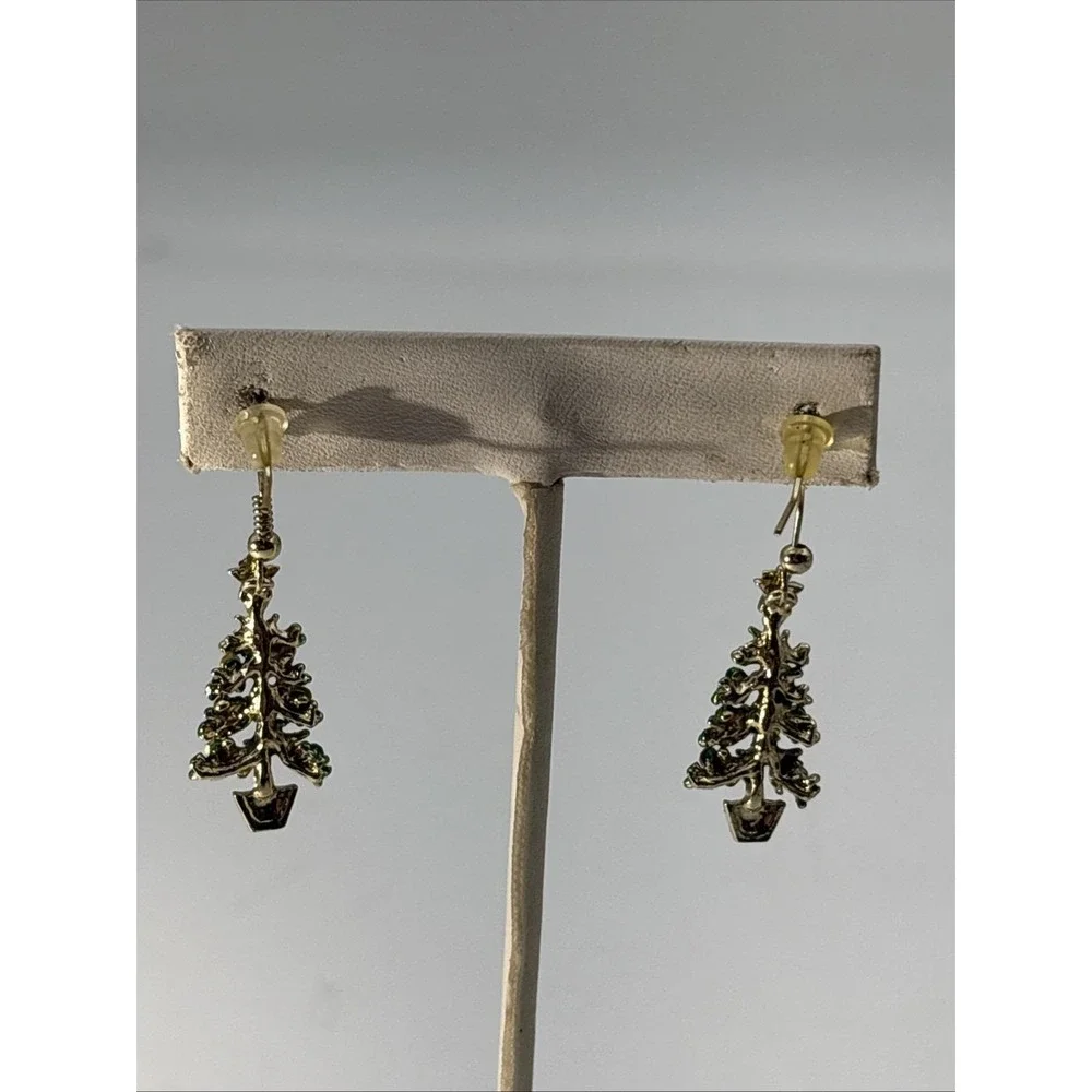 Vintage Silver Tone Rhinestone Christmas‎ Tree Holiday Pierced Dangle Earrings
